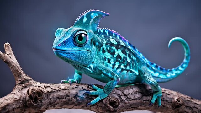 Colorful chameleon on branch displaying vivid blue patterns