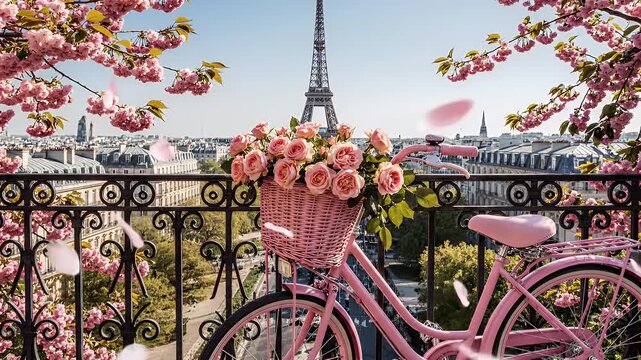 Pastel Pink Bicycle with Flower-Filled Basket on Ornate Paris Balcony Framing the Eiffel Tower View