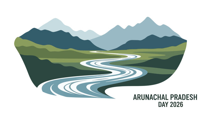 Illustration of a winding river flowing through mountains and hills on Arunachal Pradesh Day 2026, showcasing traditional Chang Ghar stilt houses in a vector graphic with a mountainous