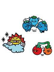 Fototapeta premium Edgy cartoon sun cloud and funky fruit character stickers