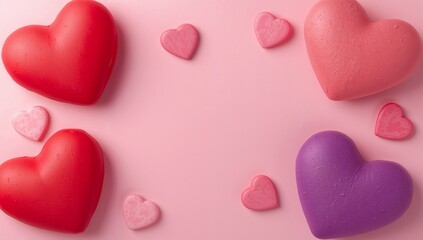 Obraz premium Displaying heart shapes forming loose frame on pastel pink backdrop, showing red pink purple hearts