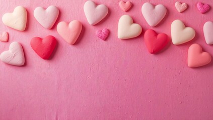 Obraz premium Lining heart-shaped marshmallow candies in neat top row on studio tabletop, textured pink surface