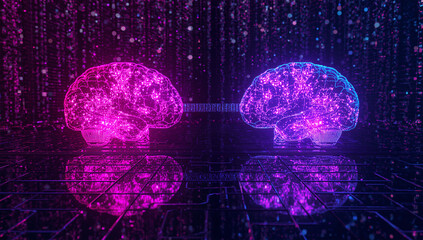 二つのデジタル脳が光のブリッジで連携、回路上に対話の軌跡が走る