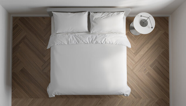 真上から見た白い寝具と丸テーブル、幾何学の整列が美しいベッドルーム