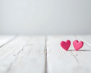 Valentines day background with two red hearts on wooden background