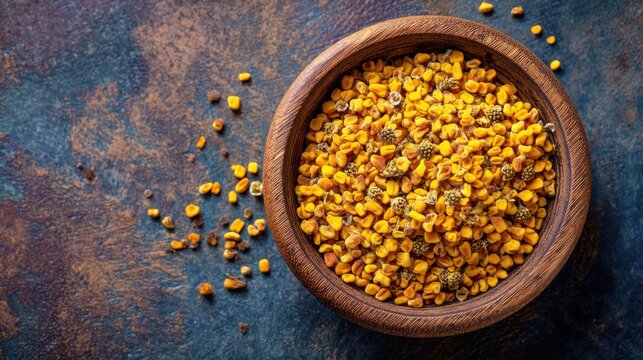 Top view of brown wooden bowl filled with vibrant yellow bee pollen granules.