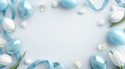 Elegant Pastel Blue Easter Frame with Glossy Eggs, White Tulips, and Ribbons. Spring Holiday Background with Copy Space.