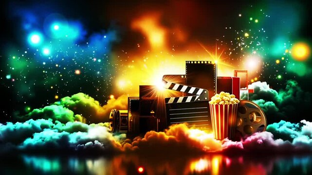 A movie clapper board popcorn and a film reel in the clouds