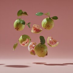 Floating Guava Still Life: Vibrant and Fresh Fruit Composition on Pink