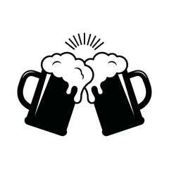 Two overflowing beer mugs clinking together with foamy heads and celebratory sun rays