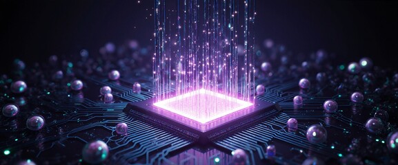 Qubit quantum computing. Superposition decoherence. Entanglement quantum encryption. Future computing. A futuristic quantum processor with a glowing qubit interior