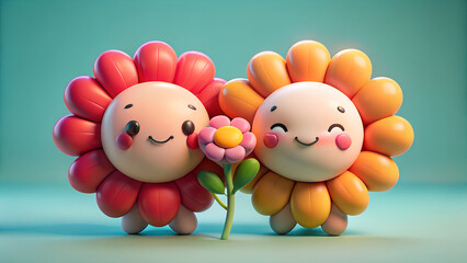 Chubby flower characters hugging a tiny heart.