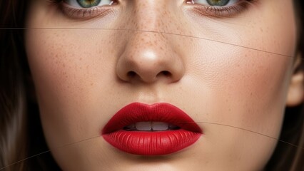 Naklejka premium close-up portrait of a woman's face with bold red lipstick and freckles