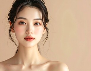 A woman with fair skin and dark hair pulled back