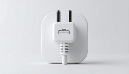 A white electrical plug with a cord attached to it on a plain background