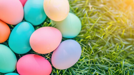 Bright Pastel Easter Eggs on Green Grass with Sunlight, Spring Holiday Celebration