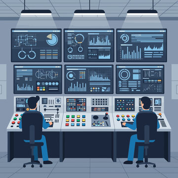 Two operators monitoring control panels in a modern industrial control room.