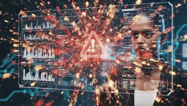 Man interacts with futuristic interface displaying warning sign amidst digital explosion of data and graphs