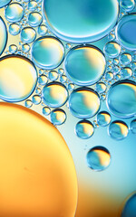 Abstract macro photo of liquid bubbles against a blue background with warm yellow 