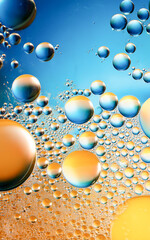 Abstract macro photo of liquid bubbles against a blue background with warm yellow 