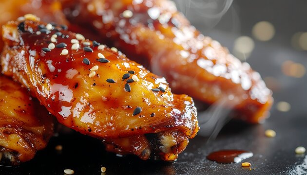 Savory chicken wings glazed with spicy sauce and sesame seeds, captured in a close-up shot on a dark surface