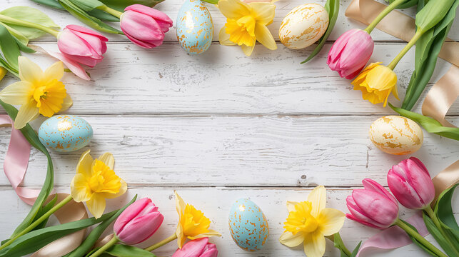 Cornice pasquale con tulipani rosa, narcisi gialli e uova decorate su legno bianco. Generative AI