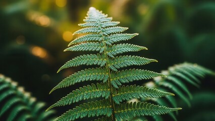 a close-up macro shot of a vibrant green fern frond unfurls, captured with a shallow depth of field that highlights its intricate natural geometry and evokes a sense of serene woodland tranquility.