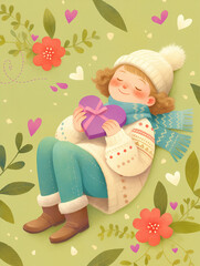 Fototapeta premium Happy girl in a winter sweater hugging a heart-shaped gift. Cute female character surrounded by flowers and leaves. Valentine's Day illustration