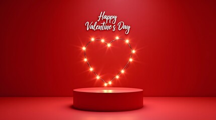 Valentine's day sale banner background with red stage product display cylindrical shape and Retro light bulbs heart shape sign background