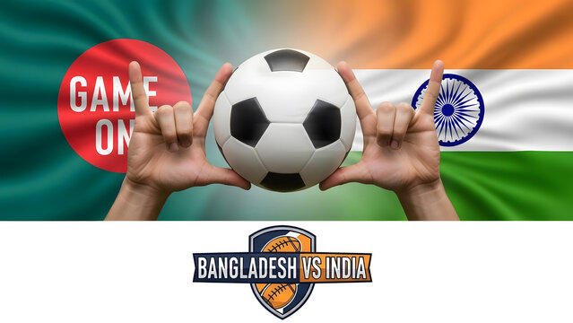 Exciting soccer match between bangladesh and india with game on logo and national flags