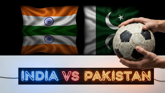 Cricket match between india and pakistan with national flags and soccer ball