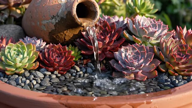 Rustic clay amphora pouring water onto vibrant rosette succulents among smooth garden pebbles and gravel
