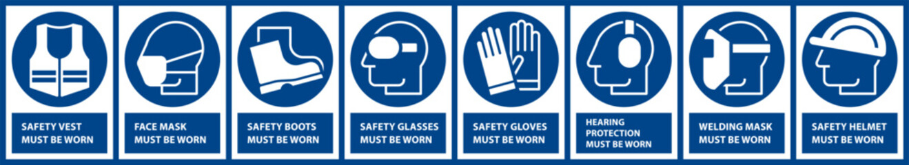 Mandatory sign set, Protective workwear icons, Safety work equipment and protective clothing, Construction safety labels