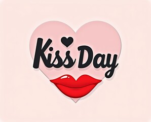 Kiss day celebration with cartoon lips and heart symbol on pink background for romantic greeting card design