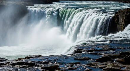 Obraz premium Majestic waterfall cascading over rocky cliffs, creating a misty spray in the sun