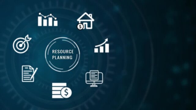 Digital infographic illustrating resource planning with for goals charts documents money and housing on a dark blue technological background with glowing and circular HUD interface. Keywords