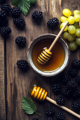 Overhead view of blackberry jam with honey served in a bowl, fresh blackberries and a honey dipper on a rustic wooden table