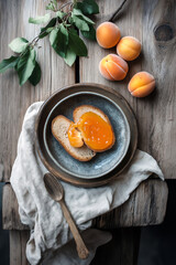 Overhead view of apricot jam served in a bowl, fresh apricots and a slice of bread with jam spread, rustic kitchen table
