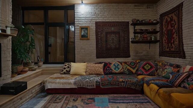 Cozy bohemian interior living room with low sectional sofa, colorful patterned textiles, rugs and wall hangings, exposed brick walls and warm ambient lighting.