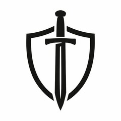 Minimalist sword and shield emblem in black and white
