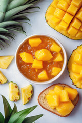 Overhead view of mango pineapple jam in a bowl, fresh mangoes, pineapples, and a slice of toast with jam, tropical aesthetic