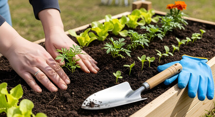 Hands Planting Young Marigold Sprouts in Wooden Raised Garden Bed, Spring Eco Gardening and Hobby Business Concept