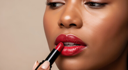 A close-up shot of a person applying vibrant red lipstick, highlighting glossy lips and flawless skin against a neutral background.