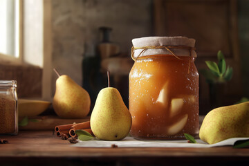 Jar of smooth, rich brown slow-cooked pear butter with fresh pears and spices around, rustic kitchen countertop