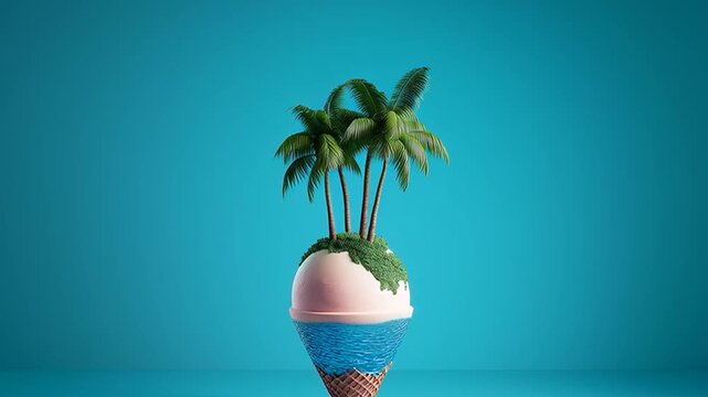 An ice cream with a perfectly round scoop, set on a tropical island with a beach and palm trees, symbolizing a creative summer vacation concept, against a smooth blue background.