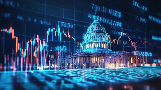 US Capitol building with digital stock market data and charts overlay symbolizing politics and economic trends
