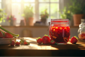 Jar of bright red strawberry rhubarb jam with visible fruit pieces, fresh strawberries, and rhubarb stalks nearby, rustic kitchen countertop