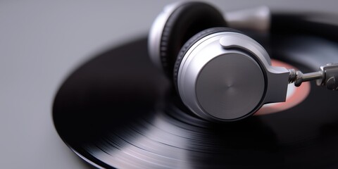 Silver headphones resting on a vinyl record on grey background  