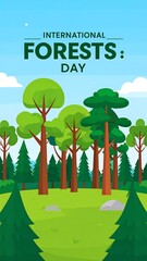 Colorful illustration of trees on a green hill with blue sky and white clouds