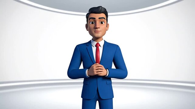 Animated businessman pointing with confidence in a modern studio setting